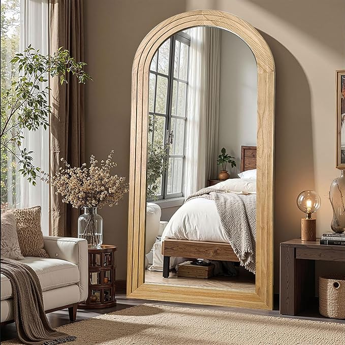 Delma Arched Full Length Floor Mirror with Stand, 55x24 Rustic Farmhouse Solid Wood Frame Wall Mirror for Bedroom, Living Room, Vertical Hanging & Standing(Natural)