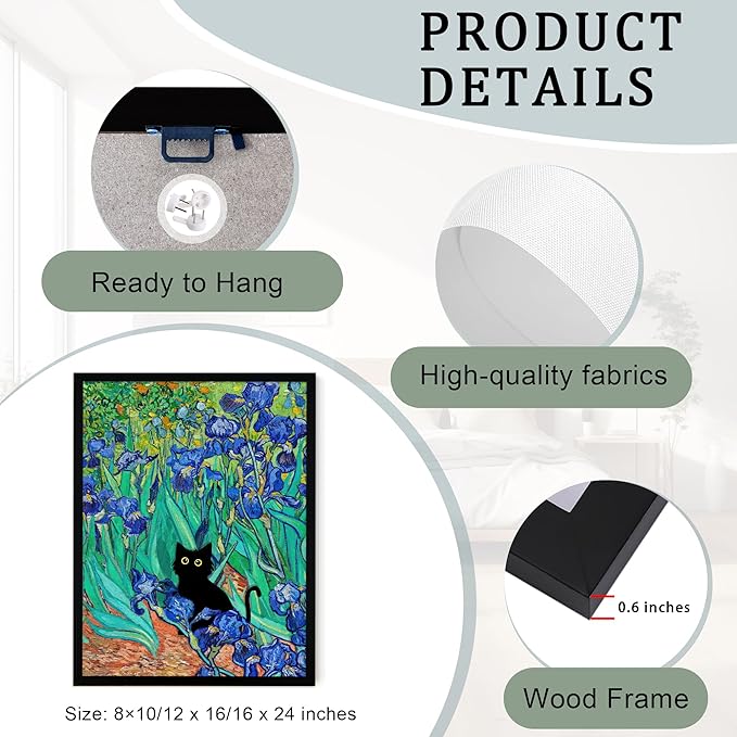 Fantasy Artists Van Gogh Irises Cat Wall Art, Framed Vintage Garden Canvas Wall Decor, Funny Black Cat Poster Prints, Paintings,Bathroom,bedroom,Living Room Artwork Decorations 8" Wide X 10" Height