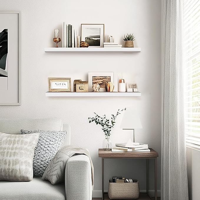 Floating Wall Shelves 2-Pack - Rustic White 16-inch Wooden Wall Shelves for Storage and Décor, Multi-Functional and Easy to Install for Living Room, Bedroom, and Kitchen