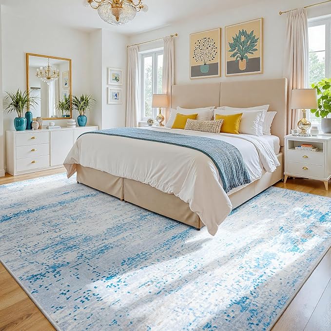 9x12 Area Rugs Washable Rug:Anti-Skid Abstract Modern Living Room Rug Soft Thin Carpets Indoor Floor Non-Shedding Carpet for Bedroom Dining Farmhouse Nursery Home Office(Light Blue/White/Beige, 9x12)