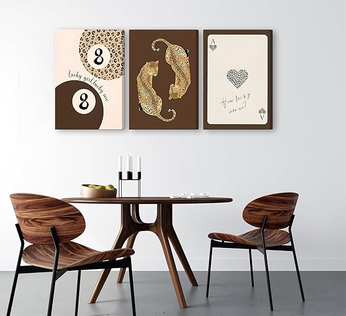 3pcs Framed Trendy Leopard Canvas Wall Art Funky Lucky 8 Ball Posters Prints Preppy Room Aesthetic brown Cheetah Prints Wall Decor Pictures for living room Bedroom Dorm Apartment
