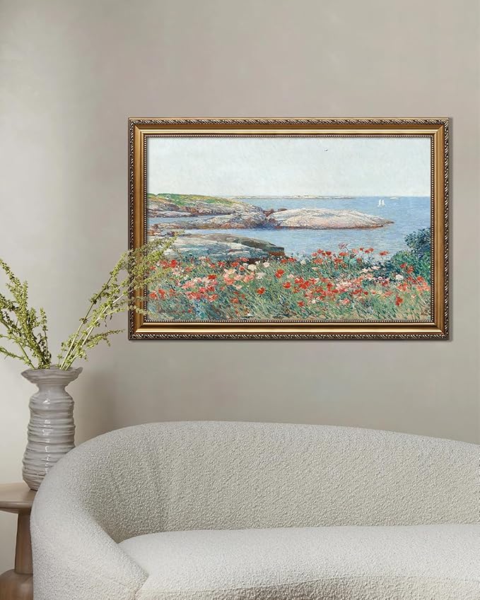 KBKBART Vintage Framed Wall Art for Living Room, Vintage French Coastal SeaScape Canvas Art Prints Farmhouse Decor, Country Wildflower Landscape Painting, Gold Framed Spring Flower Wall Art for Bathroom Bedroom Gallery, 16"x 24"