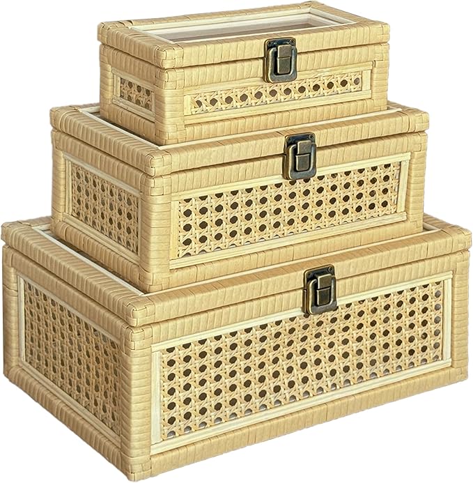 Rattan Decorative Boxes with Lid 3 Packs, Woven Cane Storage Box Rectangular Set of 3, Rattan Box with Acrylic Lid for Home Decor