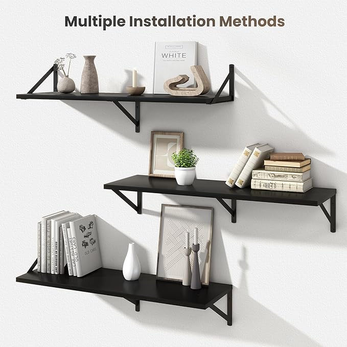 Marsmiles Black Floating Shelves for Wall - 36 Inch Wide x 12 Inch Deep Wall Shelves Set of 2 - Wood Floating Shelves for Living Room Bedroom Bathroom