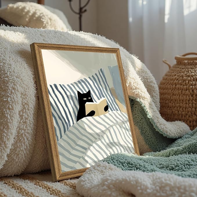 Fantasy Artists Reading Black Cat on Bed Wood Framed Wall Art, Easy to Hang Fade Resistant Art Prints, Perfect for Bedroom Living Room Bathroom Home Office Wall Decor, 12x16 Inches