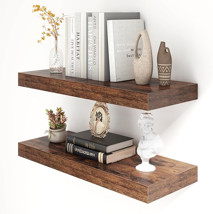 FLYJOE 30 Inch Floating Shelves | 12 Inch Deep Brown Floating Shelves Set of 2 | 30" W x 12" D Rustic Wood Shelves for Wall | Deep Brown Shelves for Living Room Bathroom Laundry Room Kitchen