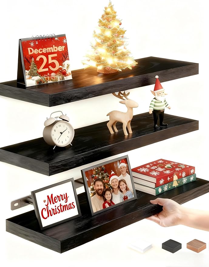Vervida® Floating Shelves for Wall, 15" Rustic Wood Deep Wall Mounted Shelves with Invisible Brackets for Decor & Storage, Floating Shelf for Living Room, Bathroom (Black, Set of 3)