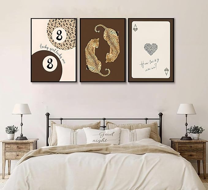 3pcs Trendy Leopard Canvas Wall Art Funky Lucky 8 Ball Posters Prints Preppy Room Aesthetic brown Cheetah Prints Wall Decor Pictures for living room Bedroom Dorm Apartment Unframed