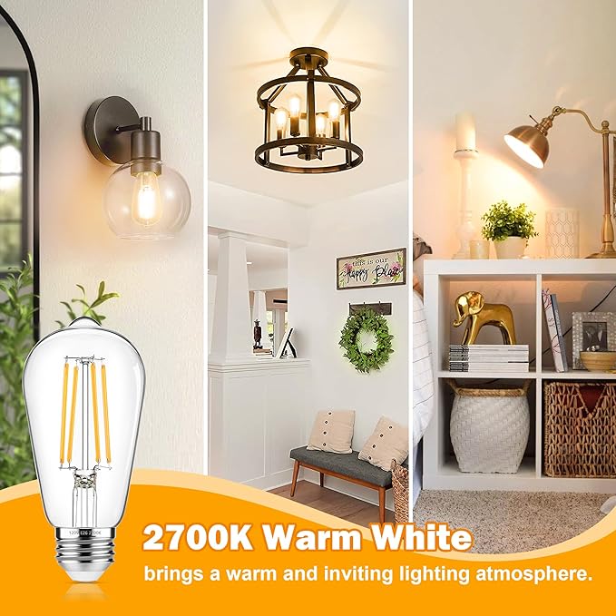 ASOMST 4-Pack Vintage Edison Bulbs 60W Equivalent, 850LM 6W LED Light Bulb Warm White 2700K, ST58 Filament Lighting E26 Base, Non-Dimmable