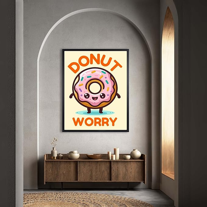 InkFlow Posters Donut Worry Poster - Smiling Donut Illustration - Playful Food Art Design - Kids Bedroom Kitchen Playroom Decor - Cheerful Cartoon Style Print - 8x10 Unframed Canvas Print