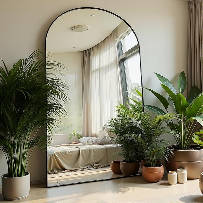 KOMCOTE Full Length Floor Mirror, 91x46 Inch Oversized Arched Standing Mirror in Black for Bedroom, Living Room, Dressing Room - Elegant Freestanding Leaning Mirror Decor