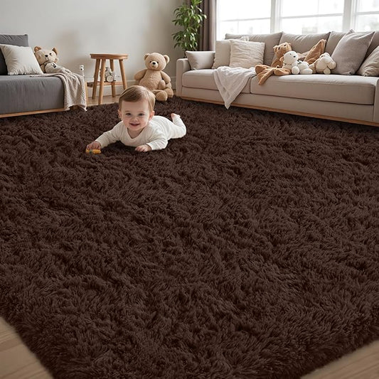 8x10 Area Rug for Living Room:Ultra Soft Fluffy Shag Brown Rugs,Large Fuzzy Plush Indoor Non Slip Carpet Washable Rug for Bedroom Kids Nursery Office Dorm Modern Decor(Brown 8'x10')