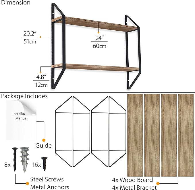Wallniture Ponza 24 Inch Wood Floating Shelves for Wall, 2-Tier Kitchen Pantry Organization and Storage Shelves Set of 2, Natural Burned Finish