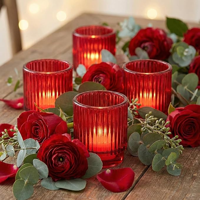 Kate Aspen Vintage Ribbed Red Glass Candle Holders Set of 6 - Votive & Tealight Candle Holder Decor for Holiday Table Decor, Christmas Dining Tablescape, Fall & Boho Home Accents (27206RD)