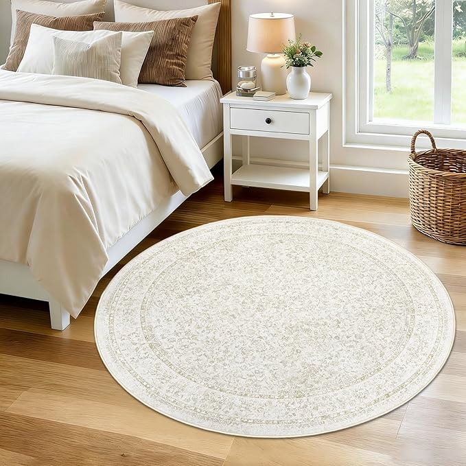 Round Rugs 4ft Vintage Floral Small Circle Rug, Washable Non Slip Soft Low Pile Stain Resistant Carpet for Living Room Bedroom Entryway Dining Room (FloralBeige, 4' Round)
