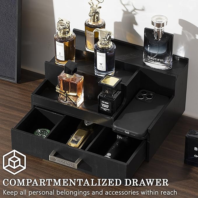 Cologne Organizer for Men, 3 Tier Perfume Display Stand with Drawer and Hidden Compartments, Stylish Wooden Mens Cologne Holder for Dresser Storage, Great Gift for Men/Fathers, Black