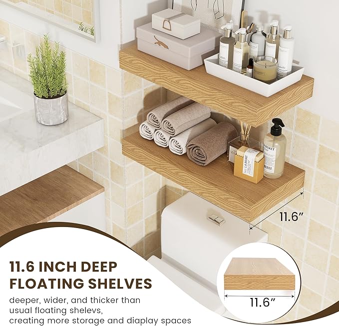 FLYJOE Deep Floating Shelves | 24 Inch Oak Floating Shelves Set of 2 | 12 Inch Deep Rustic Wood Shelves for Wall | 24" W x 12" D Oak Shelves for Living Room Bathroom Laundry Room Kitchen