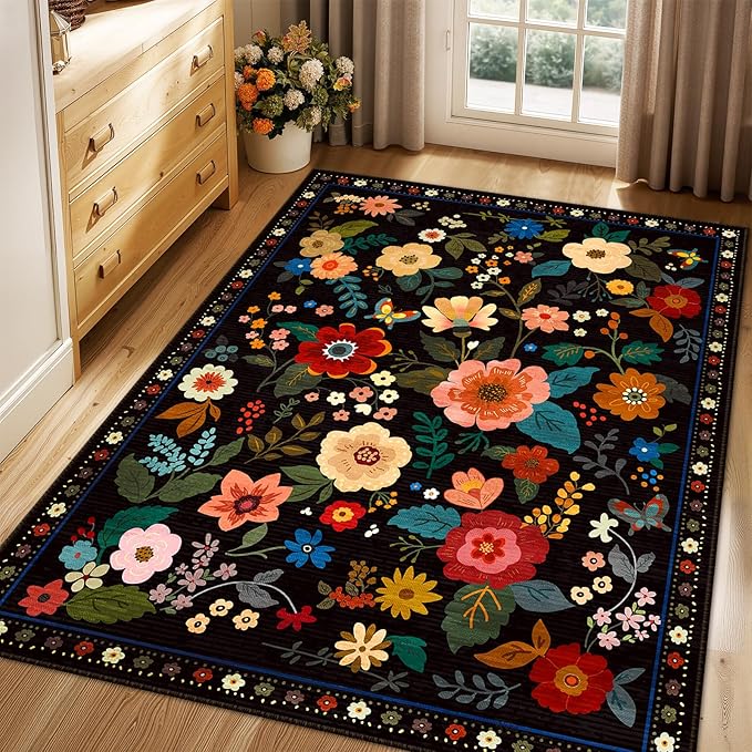 RELEANY Floral Nursery 3x5 Area Rugs Washable Print Boho Cute Carpet Non Slip Flower Low Pile for Living Room Kids Girls Playroom Bedroom Kitchen Office Farmhouse-Black