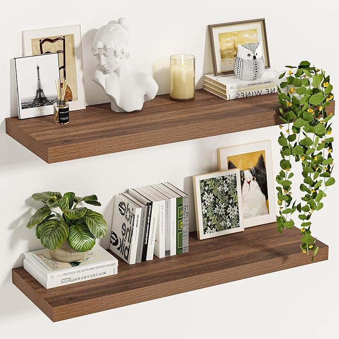 Vivelove Rustic Floating Shelves for Wall 12 Inch Deep, 24" X 12" X 1.5" Floating Shelf, 2 Inch Thick Shelf for Living Room Bathroom Bedroom Kitchen Office, Rustic Farmhouse Decor Set of 2, Walnut
