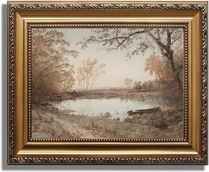 KBKBART Vintage Framed Wall Art for Living Room, French Country Decor Retro Rivers Muted Autumn Pond Landscape Oil Painting, Neutral Farmhouse Decor, Gold Framed Canvas Print Artwork Nature Vintage Wall Art, 9"x12"