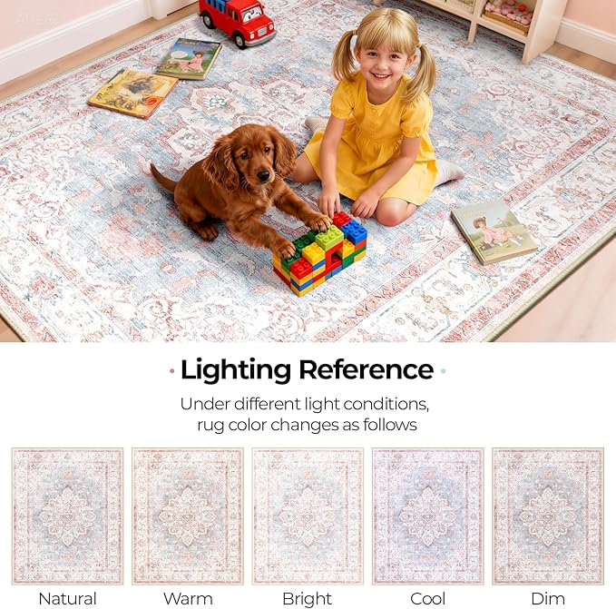 CAPALOCA Machine Washable Rugs Nursery Rug 3x5 Cute Girl Non Slip Low Pile Water Repellent Soft Print Pattern for Bedroom Indoor Decor Kids Playroom Pink Blue