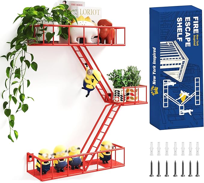 Fire Escape Shelf - 3 Tier Metal Red Fire Escape Wall Shelves with Baskets, New York Action Figurine Display Shelf, Unique Rustic Floating Decorative Wall Shelves for Any Room