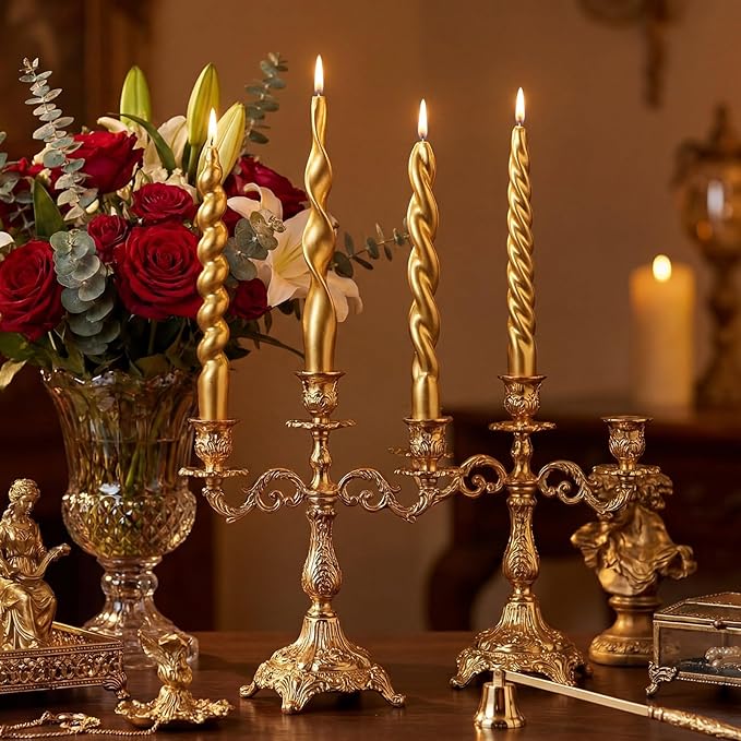 Nuanchu 4 Pcs Twisted Taper Candles Wax Unscented Smokeless Spiral Swirl Candlesticks for Wedding Holiday Dinner Party Home Decorations(7.87 Inch,Pure,Golden)