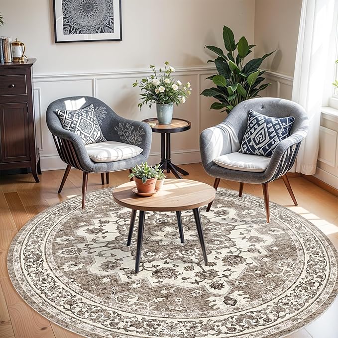 TOPRUUG Washable Oriental Area Rug - 8ft Round Rugs for Living Room Soft Carpet for Bedroom Waterproof Floral Distressed Indoor Stain Resistant Non-Shedding Floor Carpets (Beige, 8ft-Round)