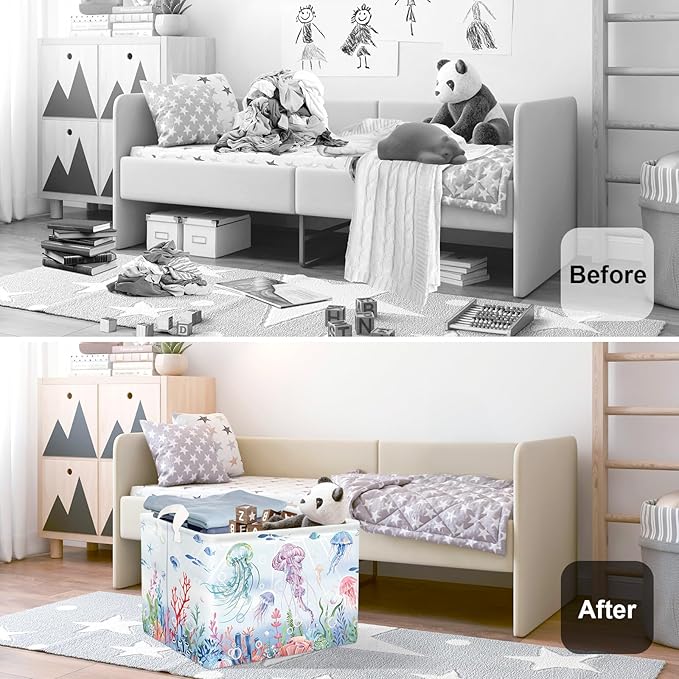 Ocean Animals Baby Laundry Hamper Collapsible Clothes Kids Storage Basket Large Boys Girls Gift Toy Box Bin for Nursery Room, Colorful Jellyfish, 36L