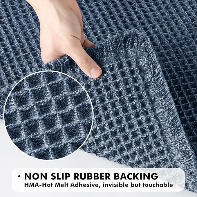 MIULEE Set of 2 Waffle Bathroom Rugs, Boho Bath Rugs Non Slip Washable, Super Absorbent Bath Mats, Ultra Soft Rubber Backed Shower Mats for Bathroom Floor, Tub, Blue, 17"x24"+18"x30"