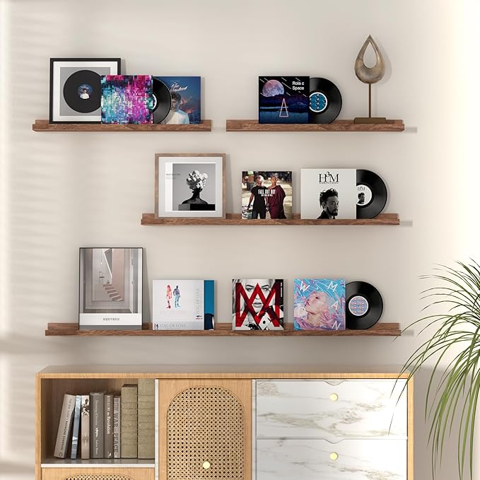 Fun Memories Picture Ledge Shelf, 32 Inch Floating Shelves Set of 2, Large Nursery Book Shelves for Toys Storage, Kids Bookshelf Wall Mounted for Wall Decor Books Photo Frames, Walnut