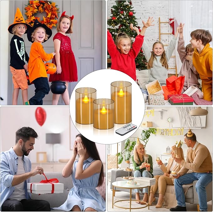 wemarry Flameless Candles 4" 5" 6" Acrylic Glass Pillars 3" Diameter Battery Operated Flickering Candles Include 8-Key Remote with Timer Function 400+ Hours (Amber, Warm Light 12 Pack)