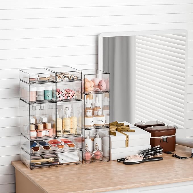 Yieach 12.1''W Clear Stackable Storage Drawers,2 Pack Acrylic Drawer Organizer for Hair Accessories,Makeup Organizers,Plastic Organizer Bins for Vanity,Bathroom,Cabinet,Desktop,Office Supply Organizer