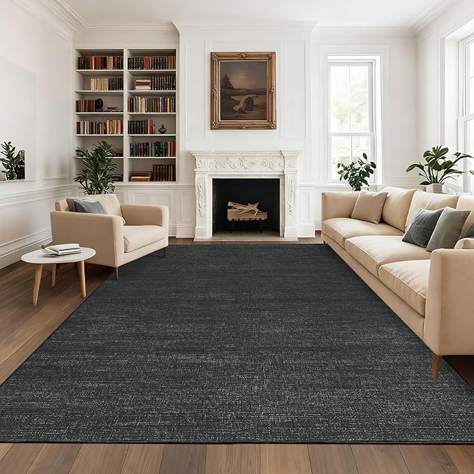 9x12 Area Rugs for Living Room Washable Solid Large Bedroom Rugs Non Slip Soft Modern Abstract Dining Room Throw Carpet Minimalist Classic Plain Area Rug for Nursery Kitchen Home Office, Black 9'x12'