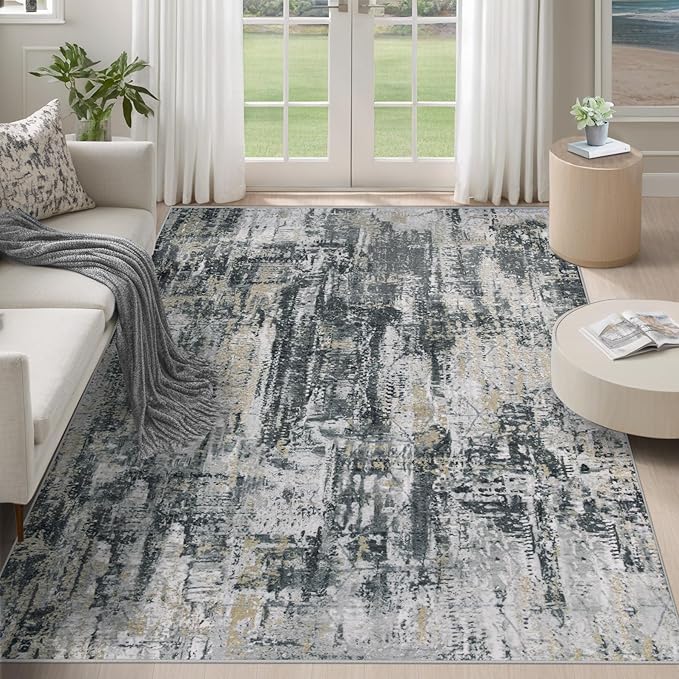 XLUEZ 5x7 Area Rugs for Living Room, Washable Modern Abstract Large Area Rug Neutral Soft Non Slip Kids Rug Stain Resistant Indoor Carpet for Bedroom Nursery Dining Room Playroom(BlackGreyGold,5'x7')