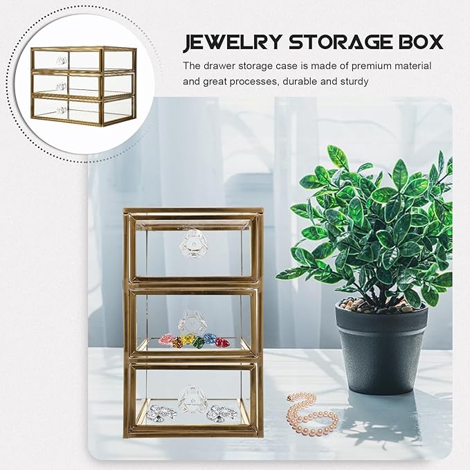 DOITOOL Drawer Jewelry Storage Box with Alloy Frame Transparent Glass Display Case for Small Accessories Versatile Makeup and Office Organizer Space-saving Compact Design for Home and Dorm