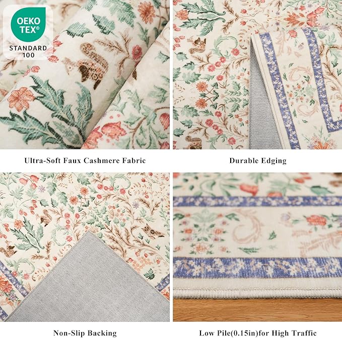 2x3 Entryway Rug Washable Non-Slip - Soft Low Pile Botanical Small Area Rug for Kitchen Bedroom - Boho Floral Indoor Door Mat with Rubber Backing (Cream, 2x3)