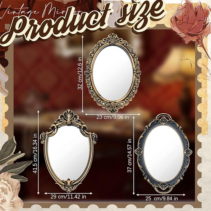 Beeveer 3 Style Vintage Mirrors Set Decorative Oval Wall Mirror Small Antique Mirrored Tray Decorative Hanging Mirror for Bathroom Bedroom Jewelry Organizer Victorian Decor (Shield,Antique Gold)