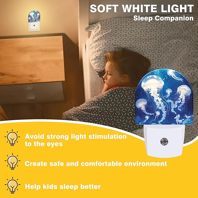 Underwater Night Lights Plug into Wall White Glowing Jellyfish Night Light Dusk to Dawn Smart Sensor Decorative Round Led Lamp for Bedroom Kitchen Hallway Nightlight for Women Men