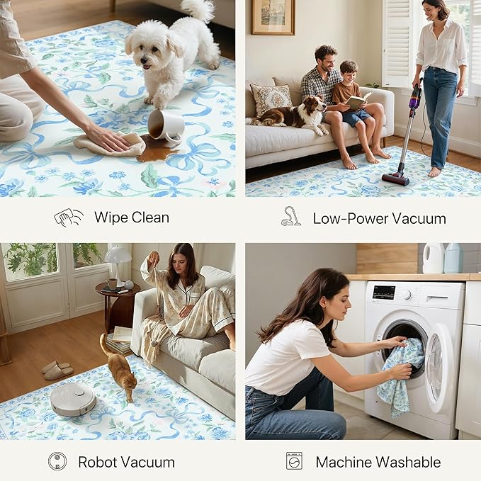 GENIMO 5X7 Washable Vintage Area Rugs for Living Room, Non-Slip Low Pile Chenille Print Rug, Soft Rugs for Bedroom Dining Room Home Office, Pastel Blue