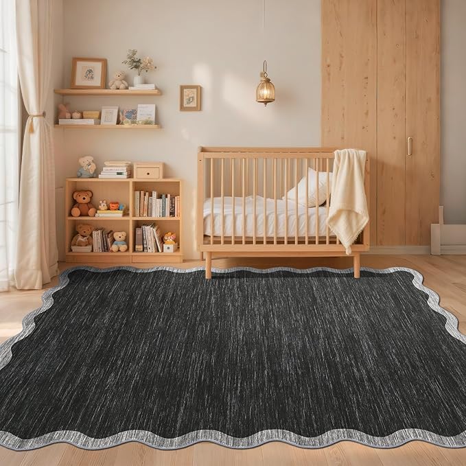 GarveeHome Scalloped Washable Area Rug 8x10 Rug for Living Room Modern Rug Non Slip Throw Rugs Large Rugs for Bedroom Low Pile Non Shedding Stain Resistant Carpet for Dining Room 8 ft x10 ft Black
