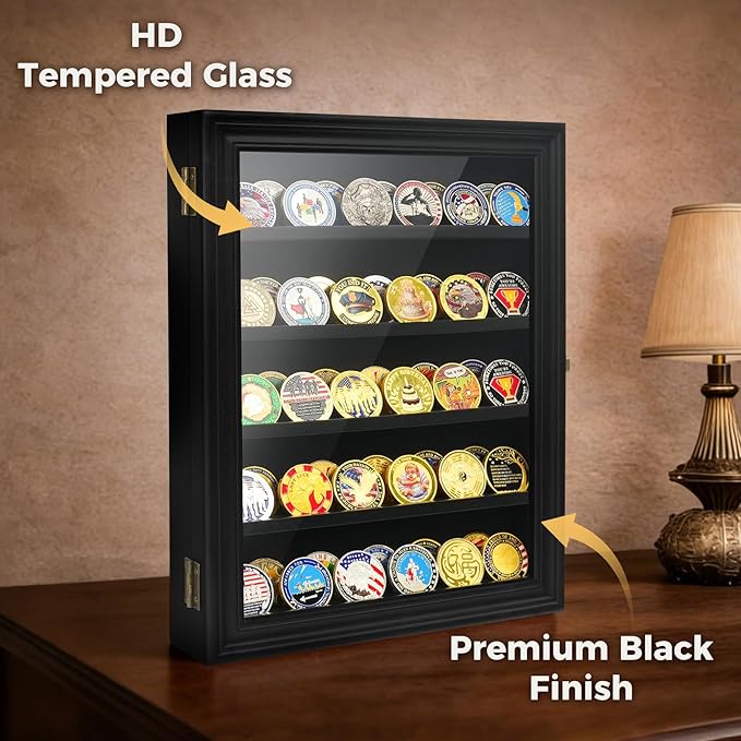 ASmileIndeep Military Challenge Coin Display Case Holder with HD Toughened Glass and Wall Mount, Wooden Coin Stand Rack with Removable 2 Grooves Shelves for Poker Chips Collectibles, Black…