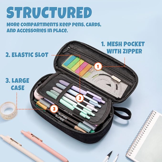 SUNEE Cute Pencil Case, Large Capacity Pencil Pouch Aesthetic Zipper Pencil Bag, Big Storage Pen Organizer for Stationery, Soft Corduroy Pencil Box Back to School Supplies for Teen Girls Boys, Black