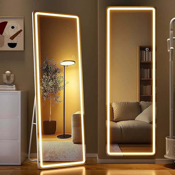 Full Length Mirror with Lights, 56" x 15.8" LED Lighted Floor Standing Body Mirror, Dimmable & 3 Color Lighting Cloakroom, Dressing Room, Tempered Glass, Rounded Corner White