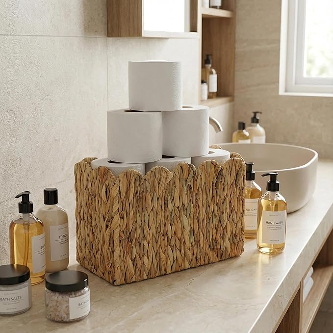 Water Hyacinth Magazine Holder for Floor, Wicker Magazine Basket, Tall Narrow Magazine Rack & File Holder for Books, Mail & Newspapers, Scalloped Storage Basket for Living Room, Office, Bedroom