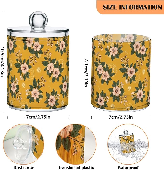 Floral Flowers Leaves Yellow Pattern Bathroom Containers Holder with Lids Set Clear Jars 2 Pack Plastic Makeup Storage Organizer 4.13 x 2.75In for Cotton Swabs Hair Clips Pads