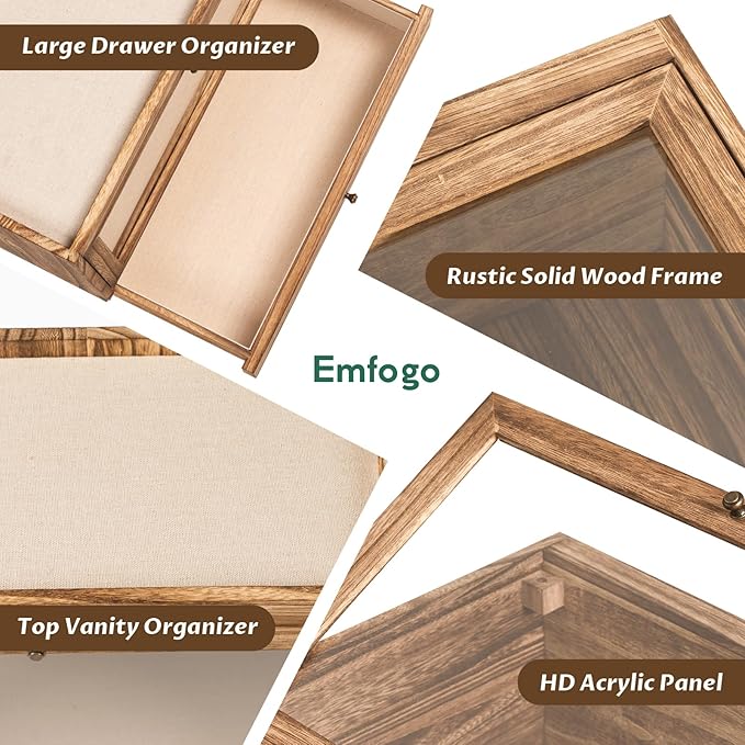 Emfogo Cologne Organizer for Men, Solid Wood Perfumes Organizer for Men Dresser, Large Capacity Dustproof Cologne Holder with Drawer Storage Perfume Stand Organizer, Ideal Gift for Loved ones