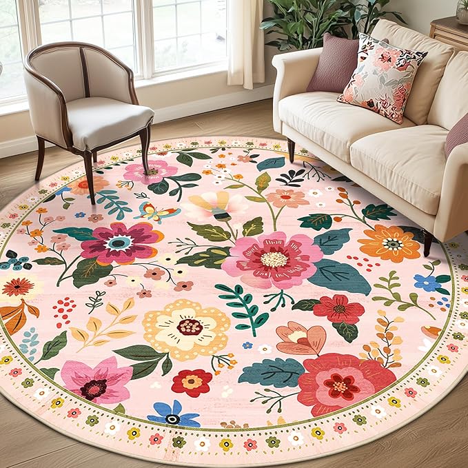 RELEANY Floral Nursery 8ft Area Rugs Washable Print Boho Cute Carpet Non Slip Flower Low Pile for Living Room Kids Girls Playroom Bedroom Kitchen Office Farmhouse-Pink