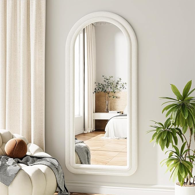 Koonmi 56"x24" Full Length Mirror, Flannel Wall Mirrors, Velvet Arched Full Body Mirror with Stand, Hanging or Leaning Against Wall for Bedroom Living Room, White