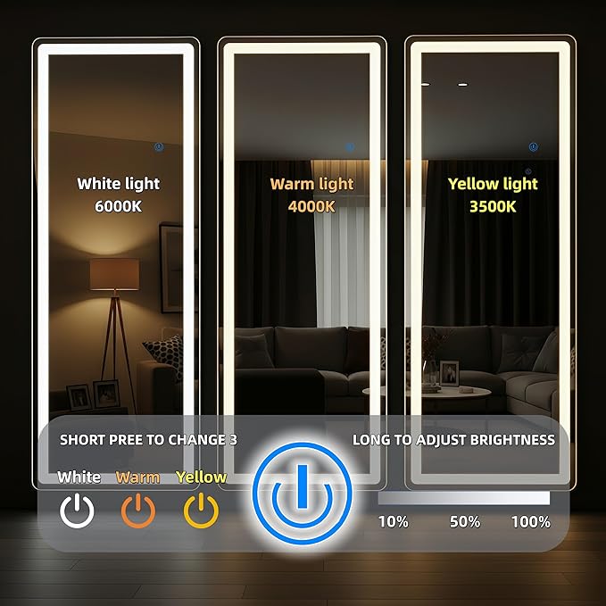 Full Length Mirror with LED Lights 65"x24"Rectangle Full body mirror with Stand Aluminum Alloy Frame, Tempered Glass Floor Mirror with Dimming&3 Color Lighting for Bedroom Dressing Room Silver